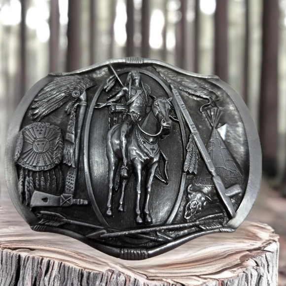 Bergamont Vintage 1984 Brass Works 150 Belt Buckle 3D Native American On Horse - Picture 1 of 11